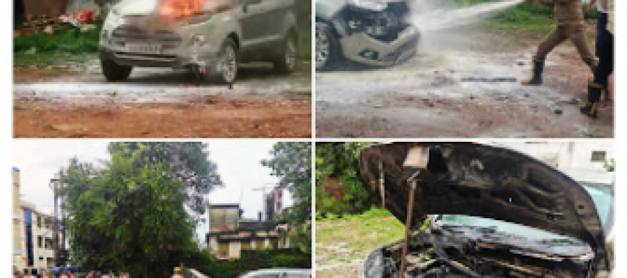 धमतरी में खड़ी फोर्ड कार में लगी आग, इंजन समेत अगला हिस्सा जला…