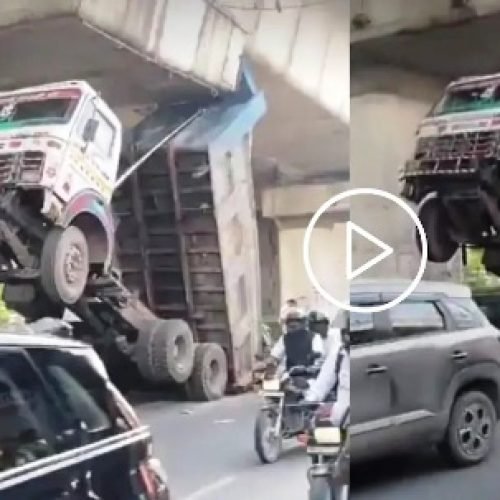 लापरवाही का नतीजा! ओवरब्रिज के नीचे फंसा डंपर, सीधा खड़ा हुआ, जयपुर का वीडियो वायरल…