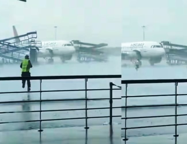 Airport Storm Viral Video: तूफान ने तितर-बितर कर दिया पूरा एयरपोर्ट, खुद ही चलने लगा बोर्डिंग रैप, देखें वायरल वीडियो…