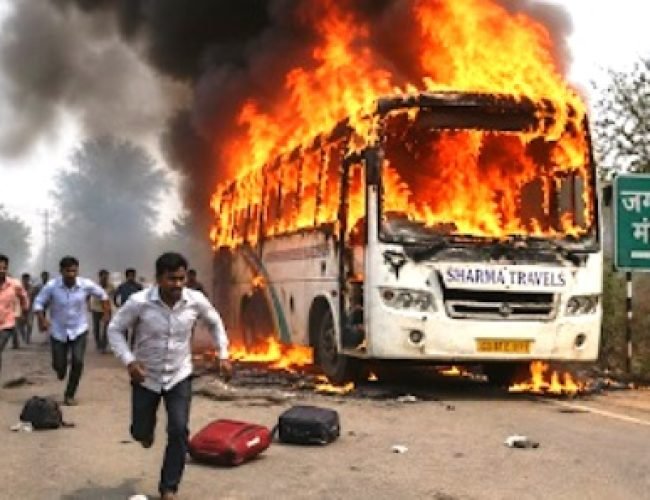 बालोद रोड पर चलती बस बनी आग का गोला, बारातियों ने कूदकर बचाई जान…