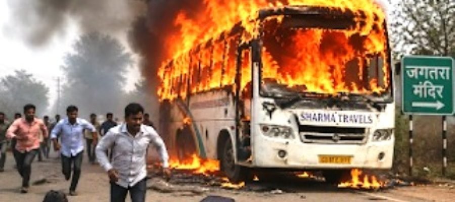 बालोद रोड पर चलती बस बनी आग का गोला, बारातियों ने कूदकर बचाई जान…